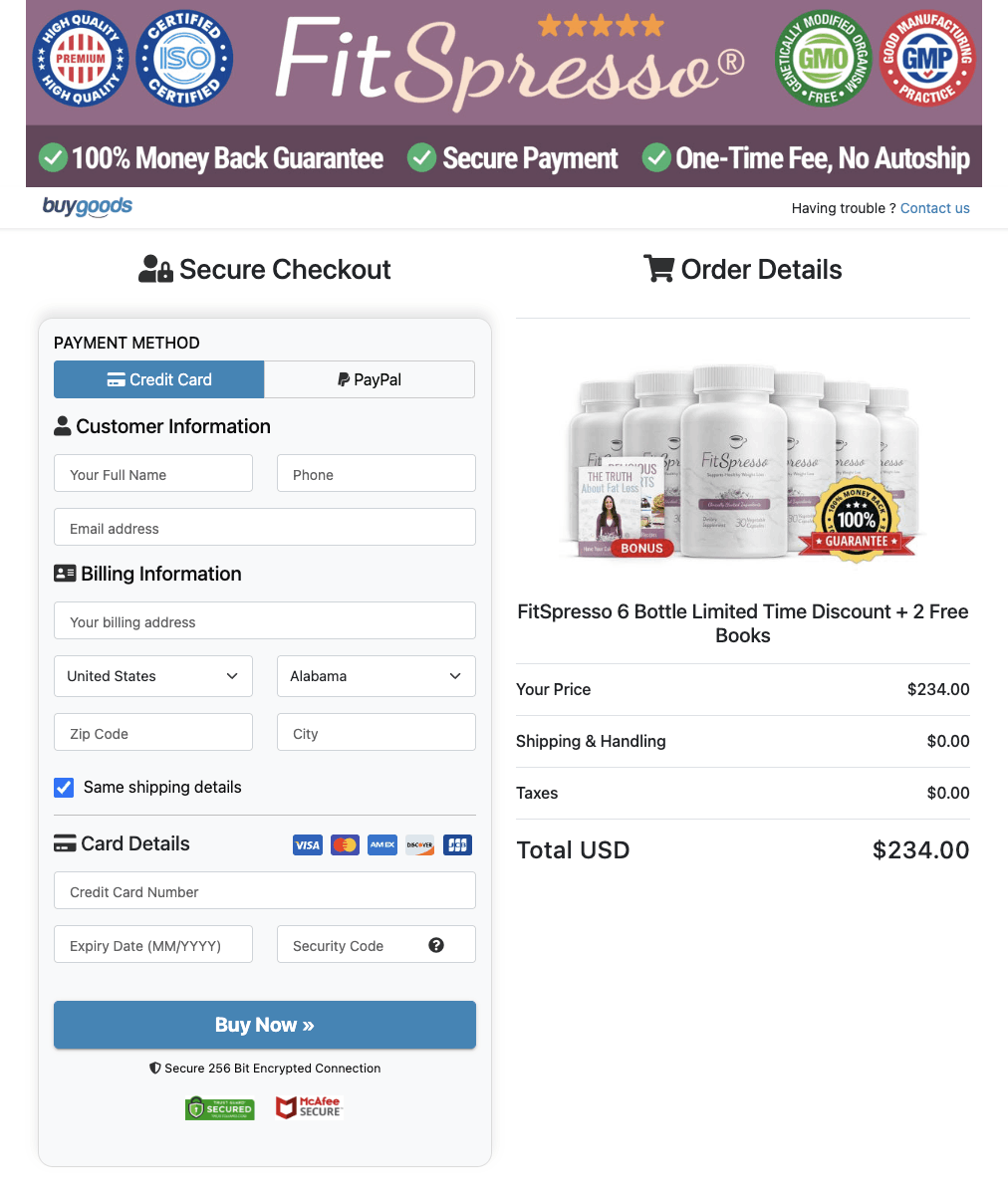 FitSpresso Secured Order Page